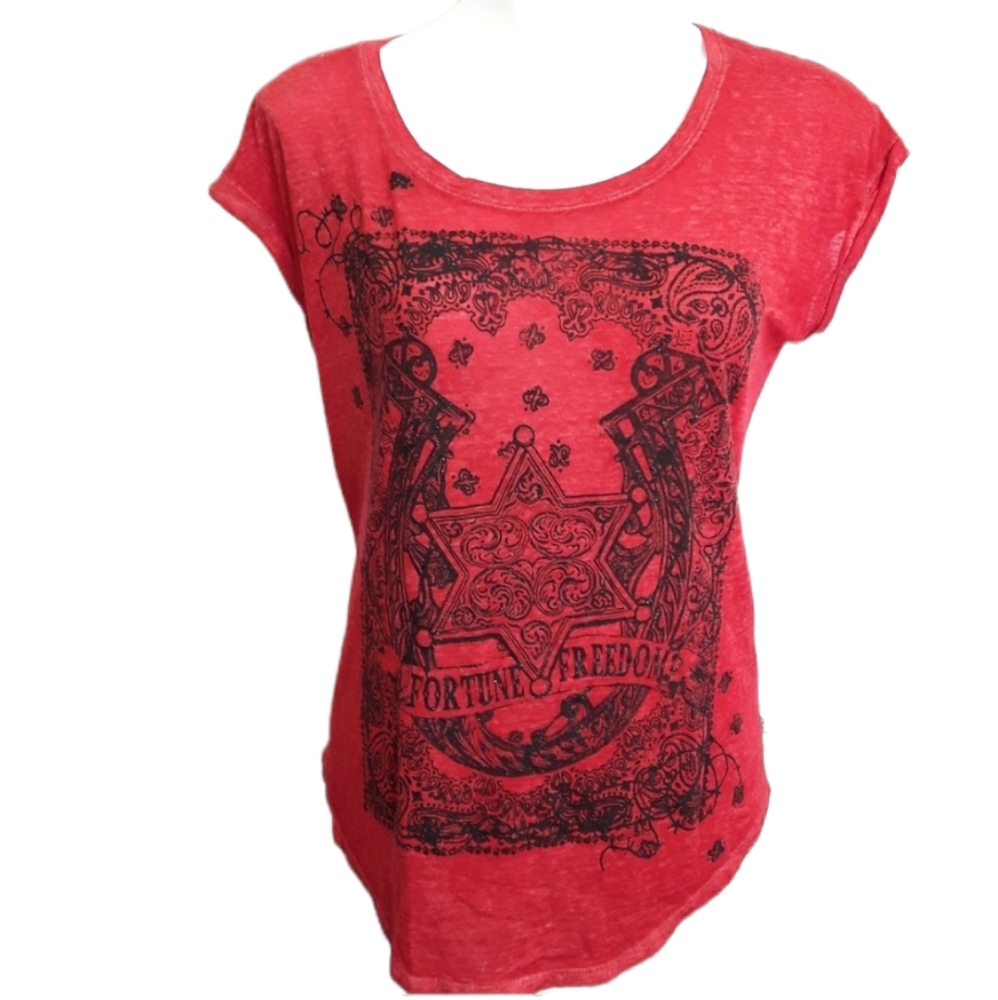 Rock & Republic Red Burnout Graphic Tee EUC sz M